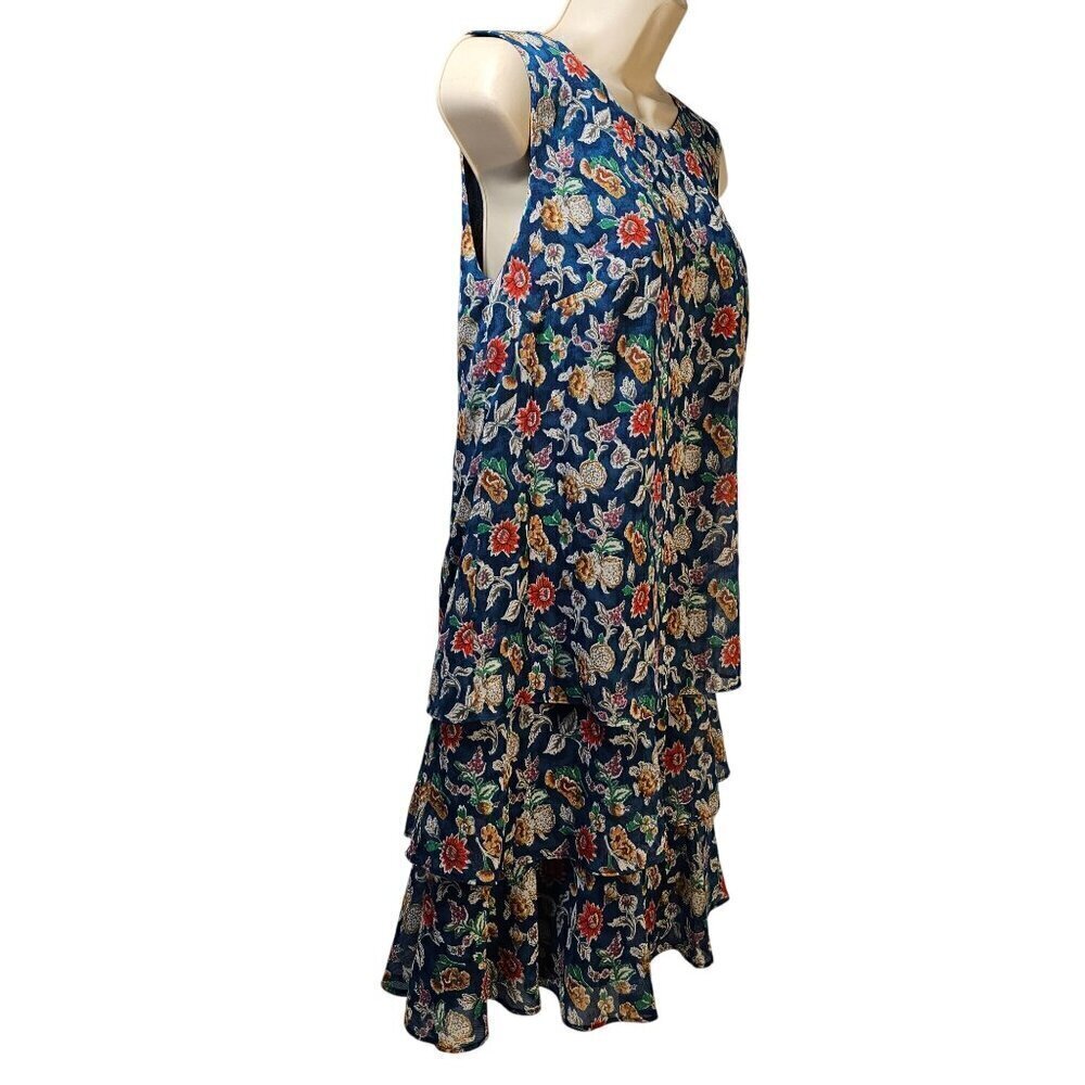 Ralph Lauren Black Label Floral Crinkle Georgette Dress Sz 4 Tiered Skirt Blue